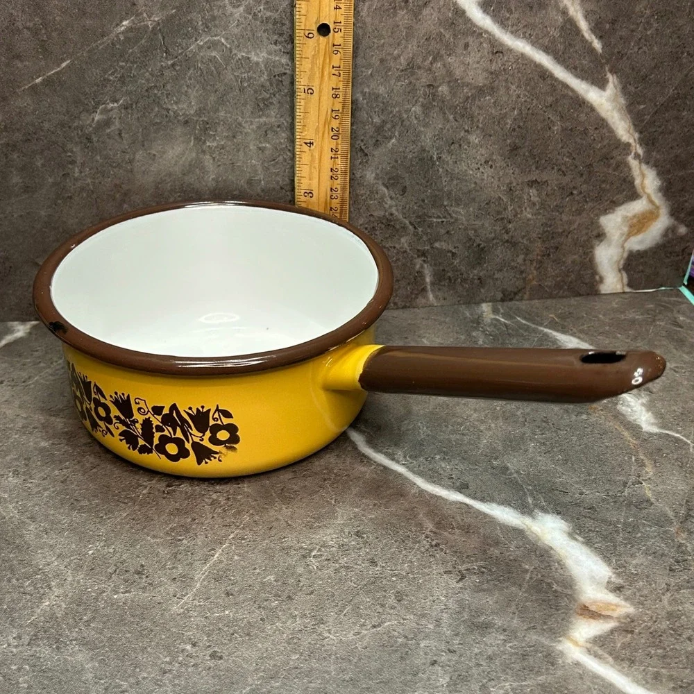 Vintage Yellow Enamelware Saucepan Brown Floral Pattern Retro Kitchen Pot 6 Inch